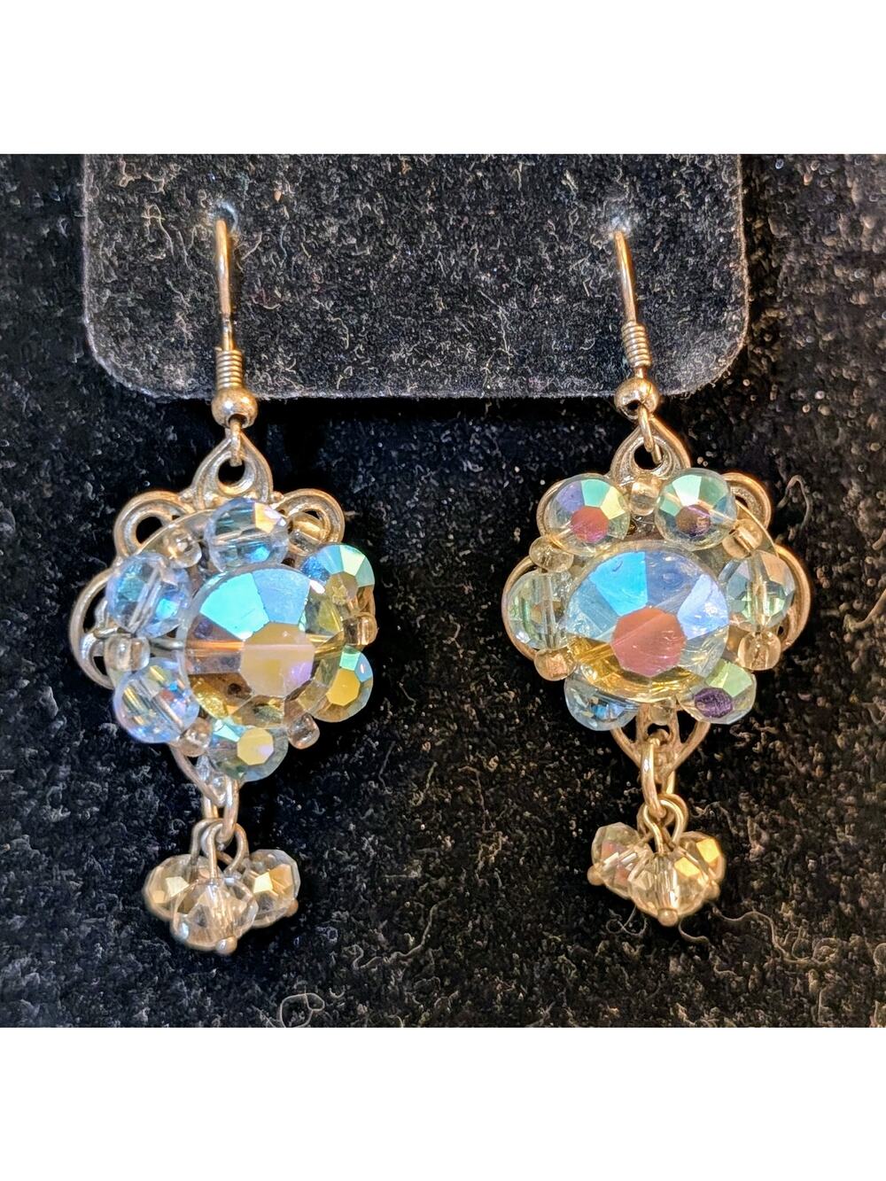Vintage AB Crystal Three Clear Crystal Dangle Pierced Earrings